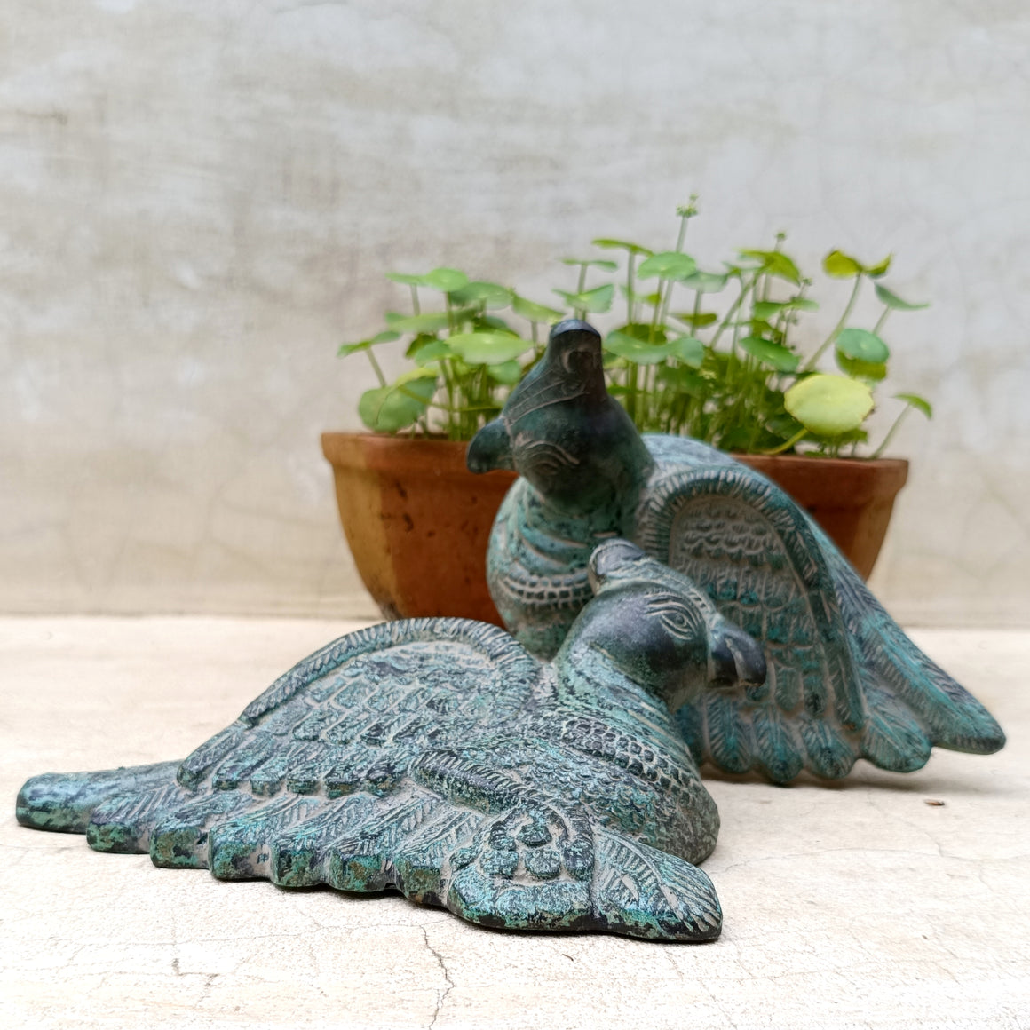 Enchanting Pair of Handcrafted Brass Parrots. Length 16 cm x Height 13 x Depth 5 cm