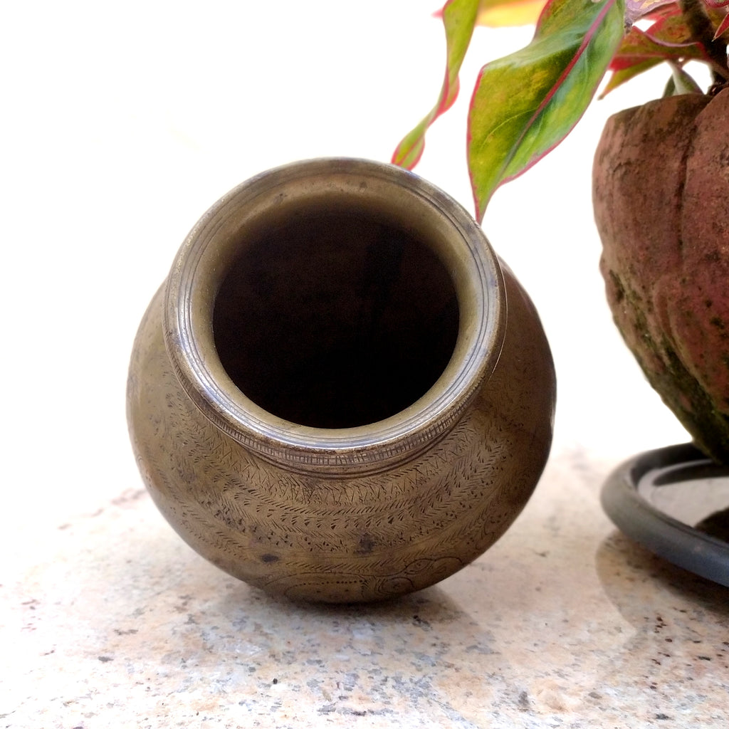 Vintage Brass Lota - Drinking Water Vessel Engraved With Elephants. Height 14 cm x Diameter 10 cm