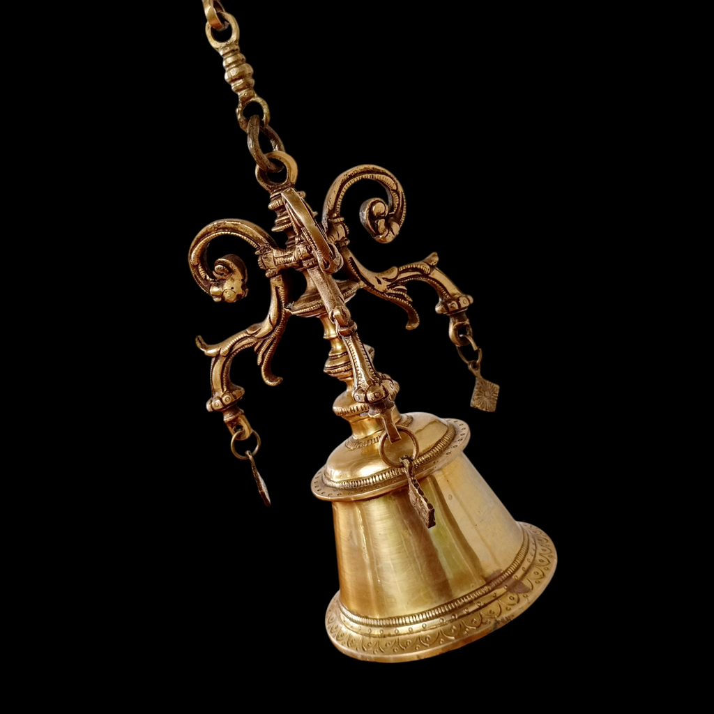 Magnificent Brass Temple Bell On Chain. Length 77 cm x Diameter Of Bell 12.5 cm