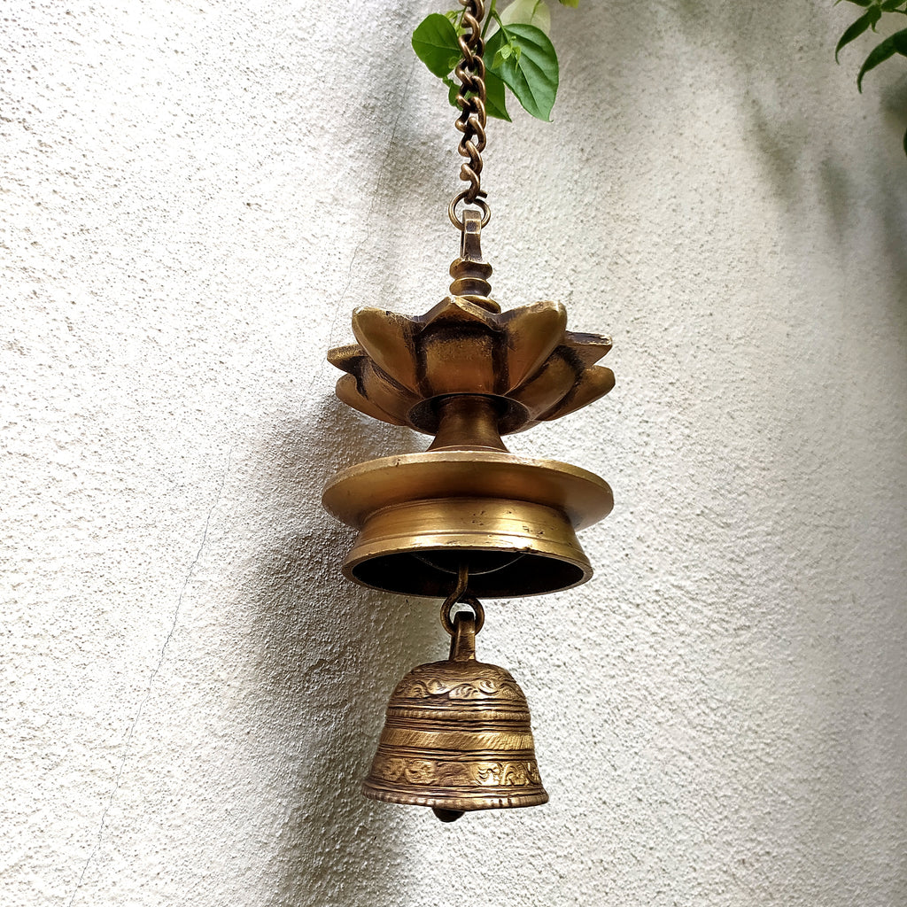 Vintage Brass Hanging Oil Lamp With Bell - "Thooku Vilakku" From South India. Length 91 cm x Diameter 10 cm