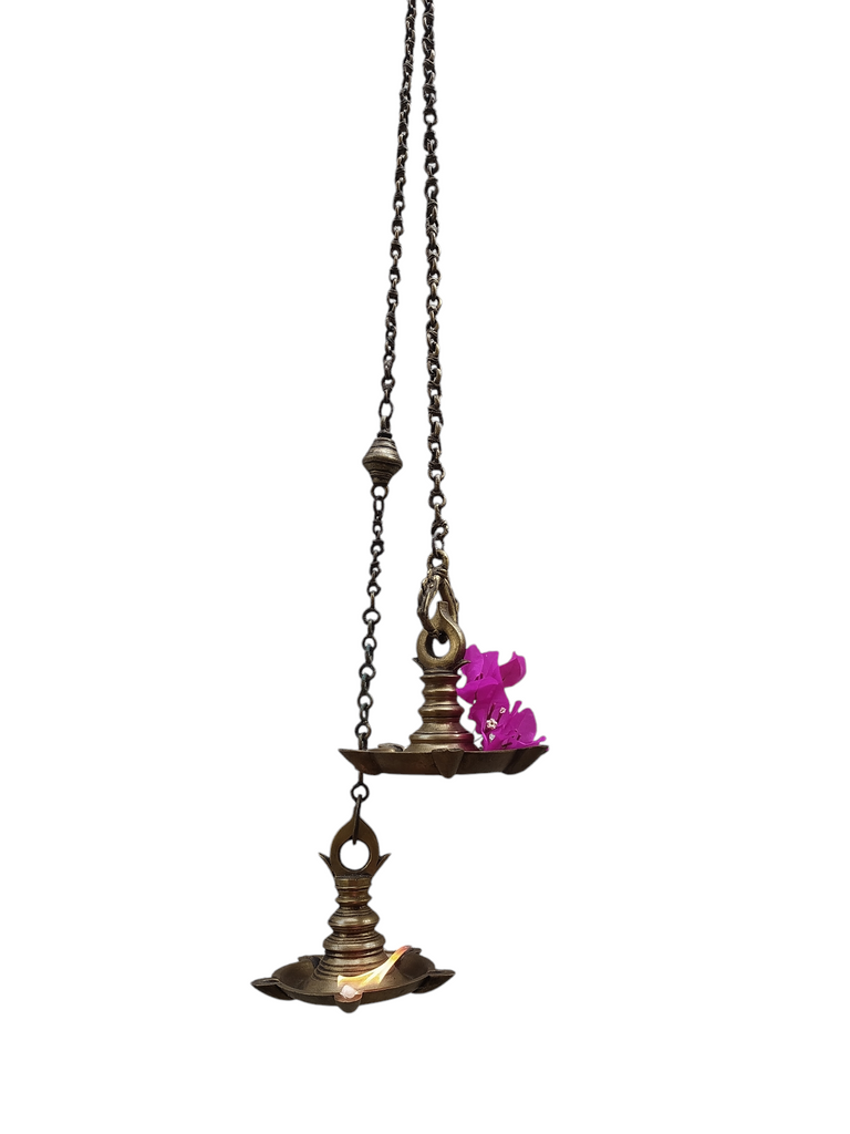 Vintage Pair Of Brass Oil & Wick Lamps With Ornate Chains. Length 99 cm & 85 cm x Diameter 12 cm