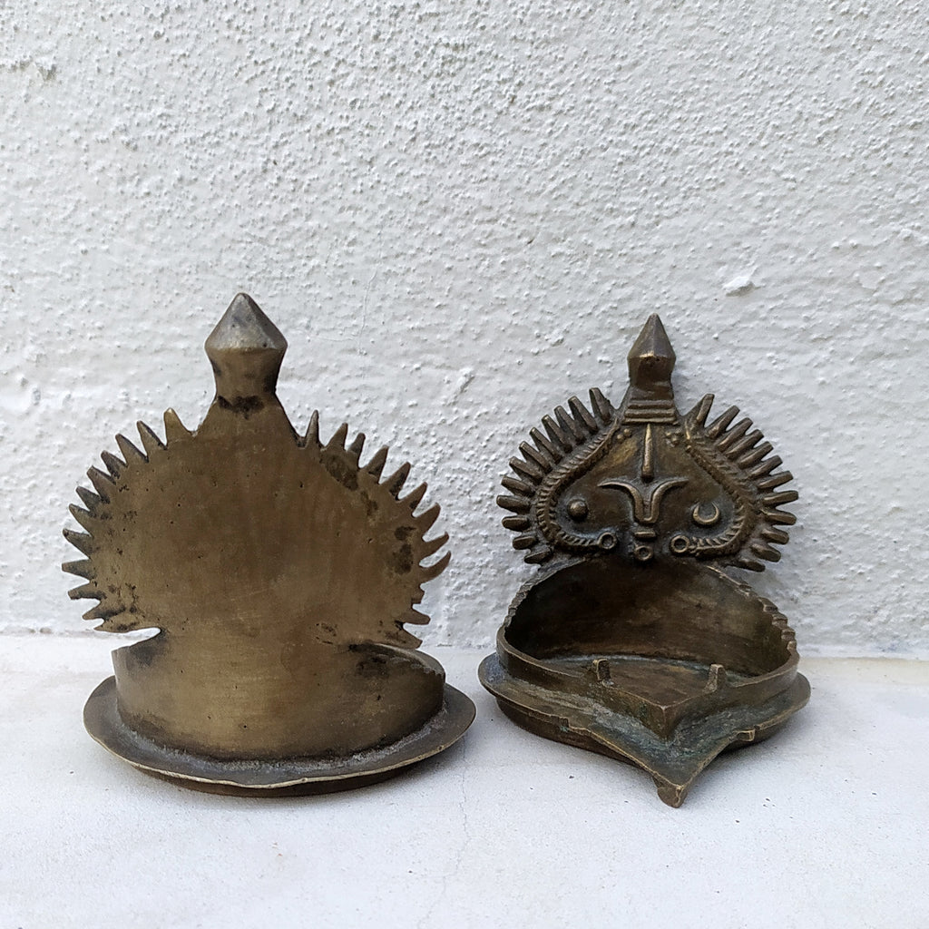 Traditional Pair of Brass Vishnu Oil Lamps from South India. Height 10 x Width 9 cm