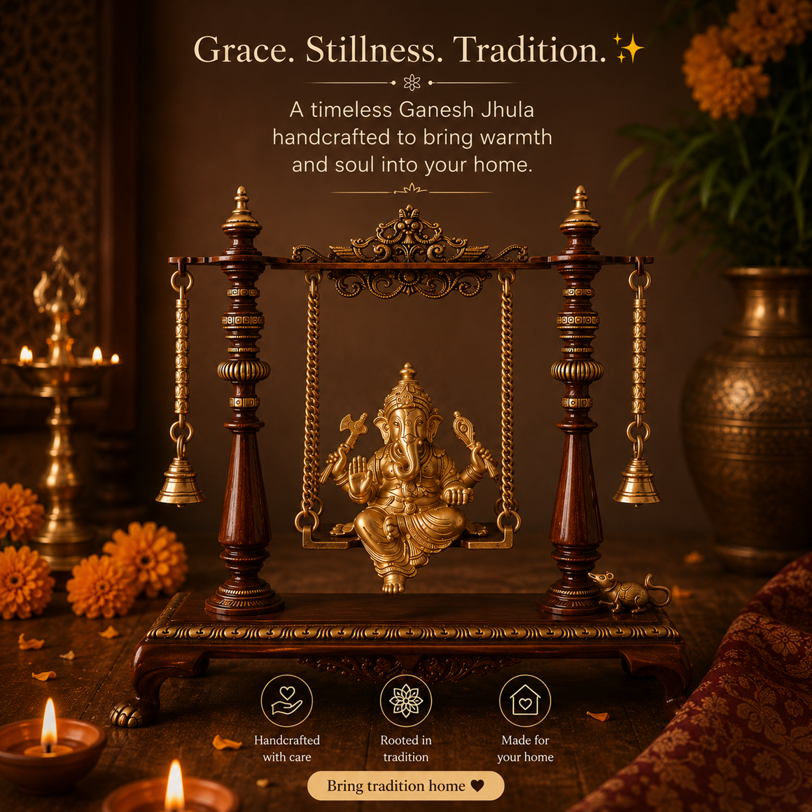 Magnificent Brass Swing With Lord Ganesha - Height 41 cm x Width 34 cm