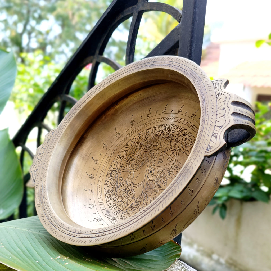 The Emperors Urli - Hand Engraved with A Majestic Camel And Mahout On Hunt. Diameter 25 cm x Ht 9 cm