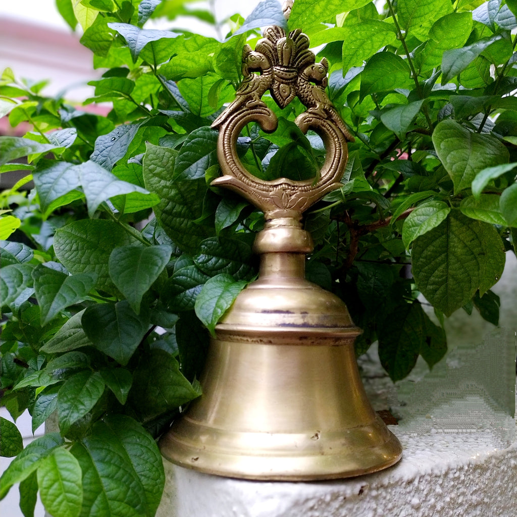 Magnificent Brass Temple Bell With Twin Peacocks. Height 22 cm x Diameter 11 cm