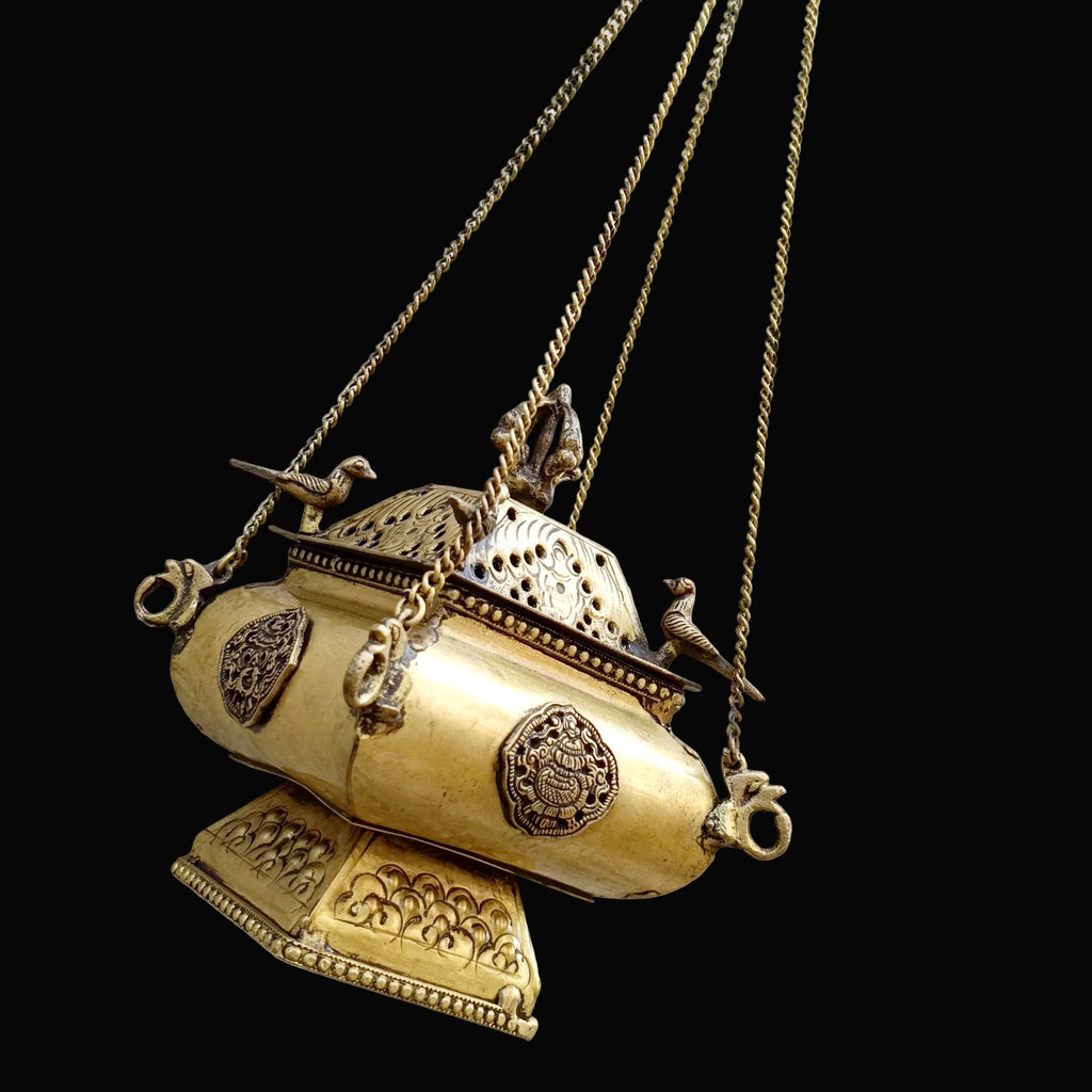 Tibetan Style Copper Incense Burner With Peacocks and Chains - L 42 cm x W 15 cm
