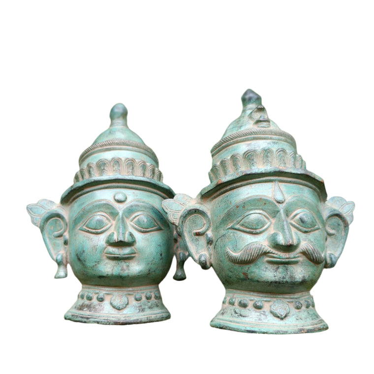 Brass Mukhlingam of Hindu Gods Shiva & Parvati In Green Patina. Height 23 cm x Width 18.5 cm