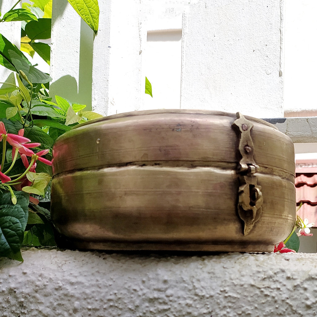 Traditional Brass Chappati Dabba | Bread Box From Northern India - Dia 22 cm x Ht 10 cms