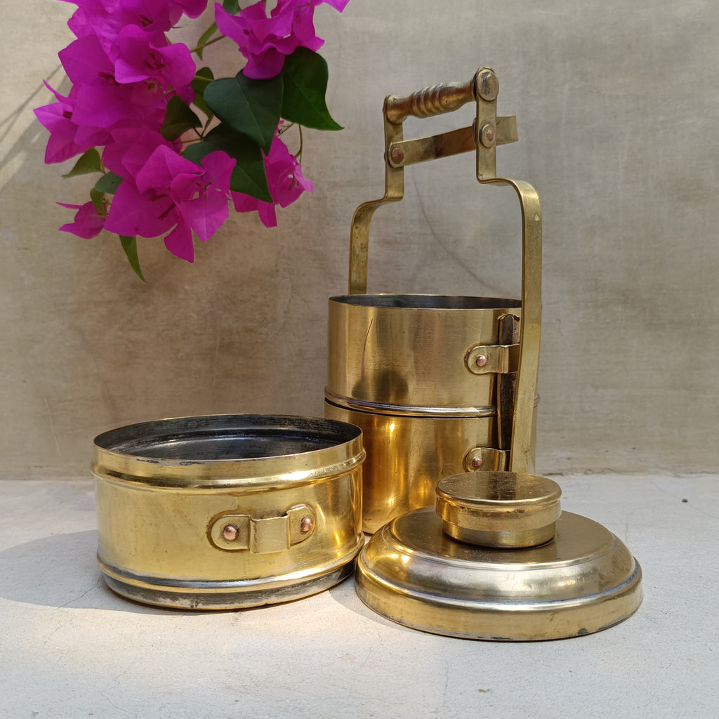 Vintage Brass Tiffin With 3 Containers. Height 26 cm x Diameter 11 cm