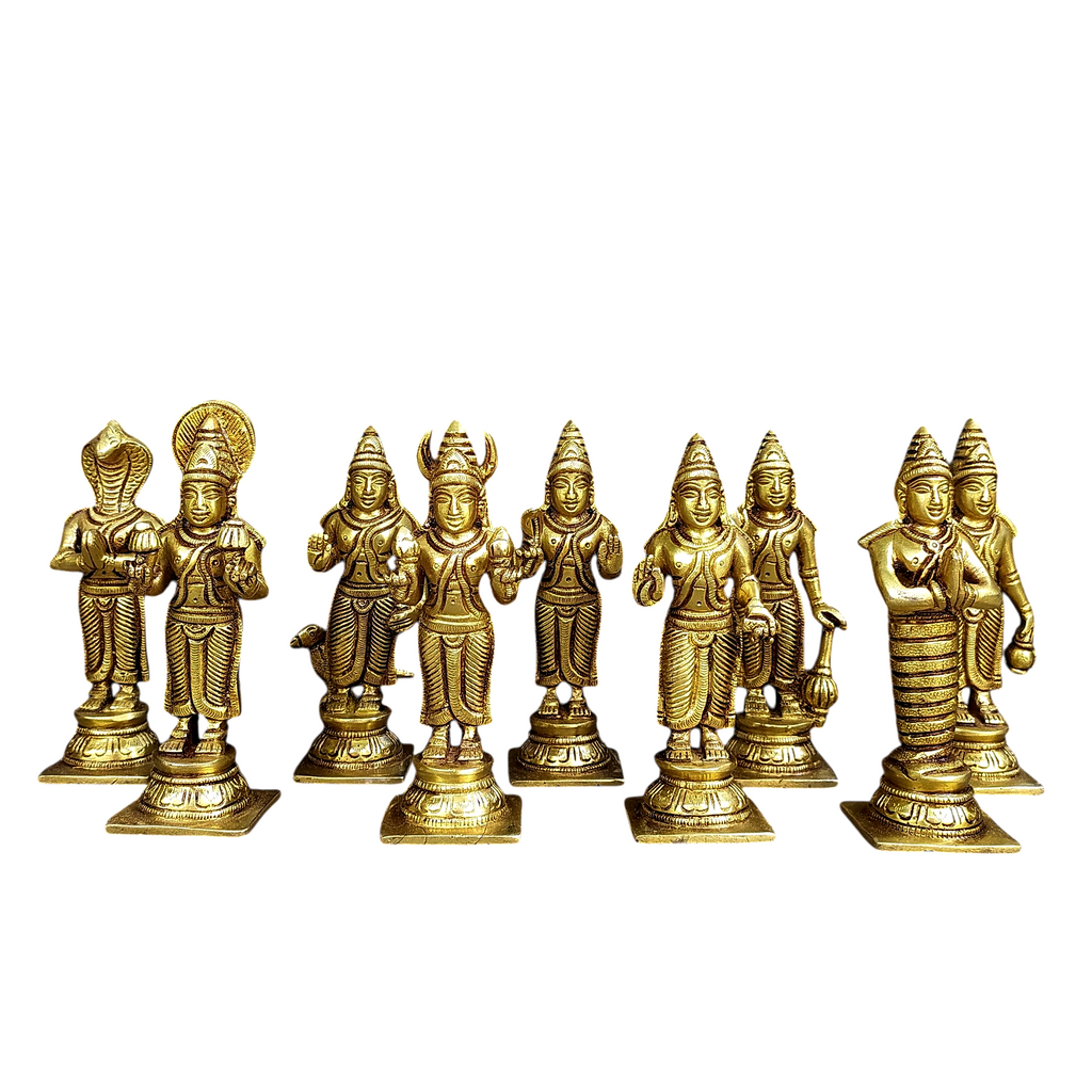 Divine collection of 9 Navagraha brass idols - Celestial bodies Affecting Human Life. Height 13.5 cm