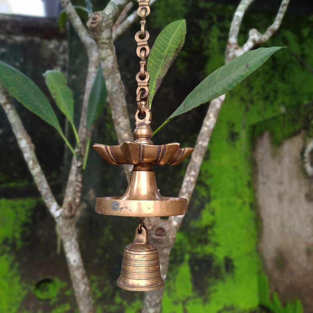 Vintage Brass Lamp With Bell - "Thooku Vilakku" From South India. Length 78 cm x Diameter 13 cm