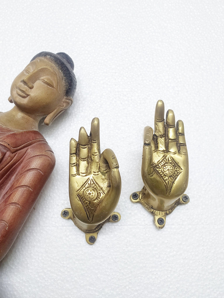 Brass Door Pulls Of Buddha Hands In Vitarka Mudra Posture. Length 13 cm x Width 7 cm x Height 7.5 cm