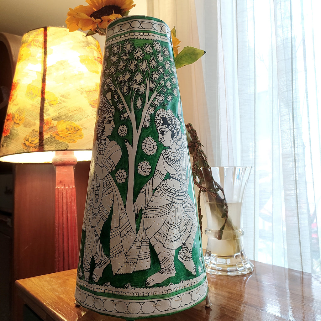 Kalamkari Style Leather Lampshade Depicting Radha Krishna In Colours of Vibrant Green & White. Height 44 cm