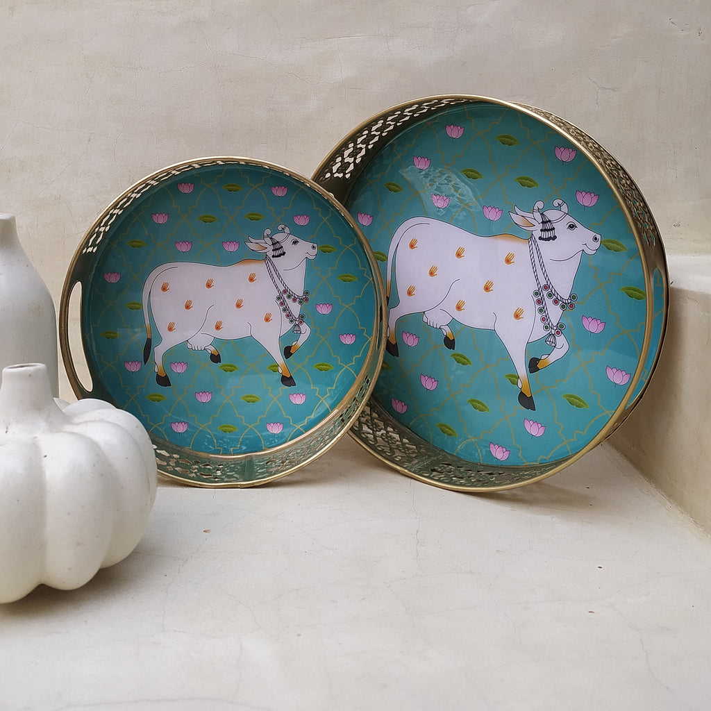 Pair Of Exquisite Round Metal Trays With Pichwai Art Of Nandi. Diameter 25 & 20 cm