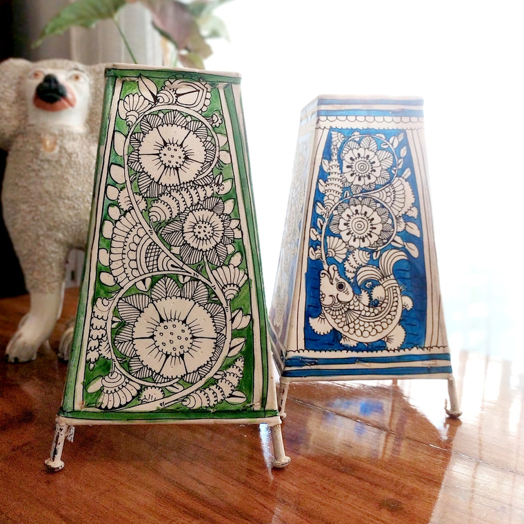 Pair Of Kalamkari Style Leather Lamps In Colours of Vibrant Green & Indigo Blue. Height 24 cm