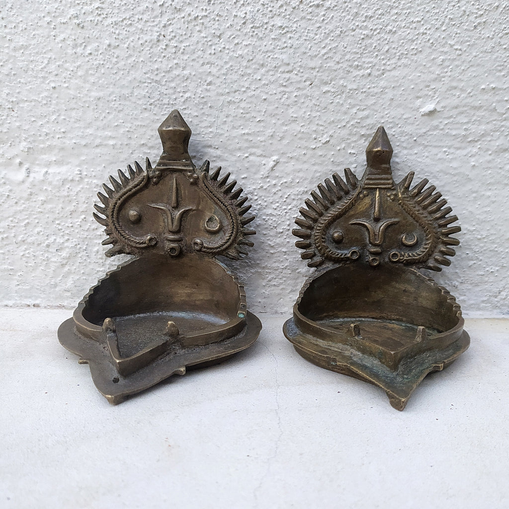 Traditional Pair of Brass Vishnu Oil Lamps from South India. Height 10 x Width 9 cm