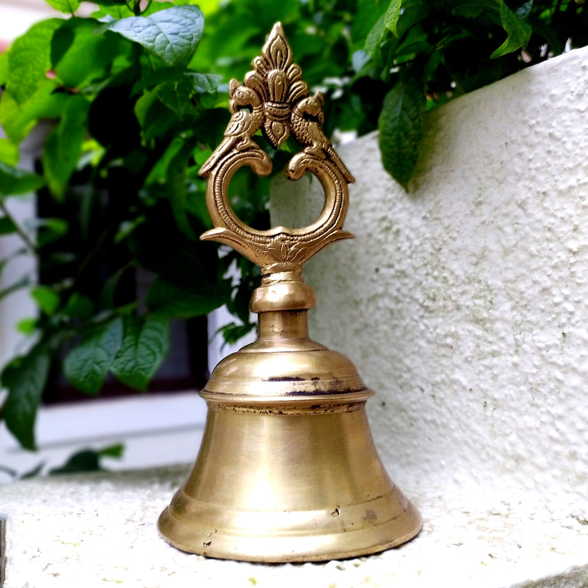 Magnificent Brass Temple Bell With Twin Peacocks. Height 22 cm x Diameter 11 cm