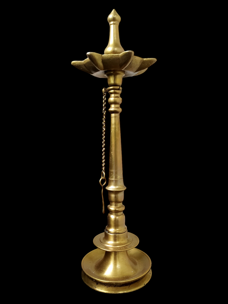 Traditional Brass Oil Lamp | Vilakku With 7 Grooves & Chain. Height 48 cm x Diameter 13 cm