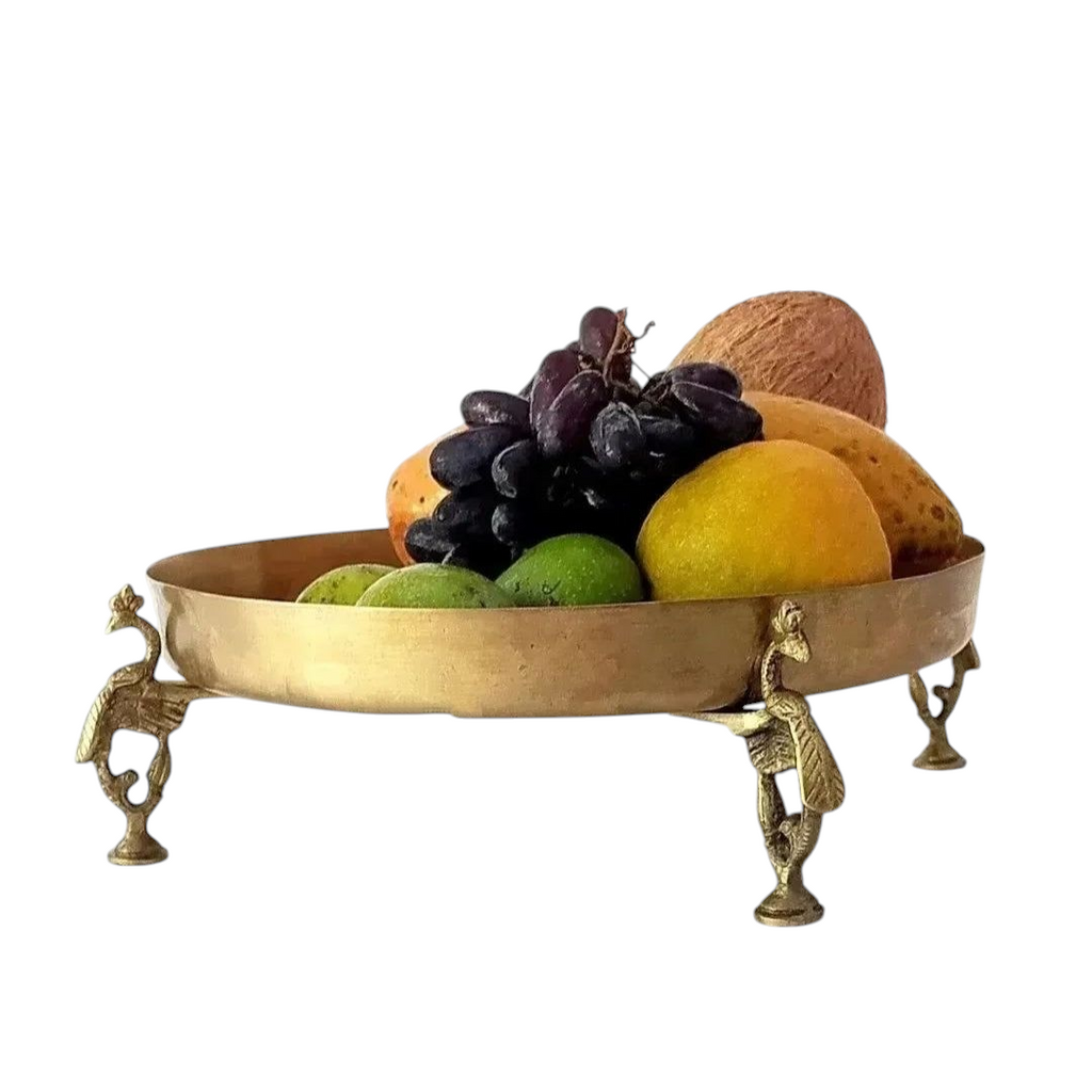 Brass Fruit Bowl Handcrafted With 3 Peacock shaped Legs - Diameter 29 cm x Height 9 cm