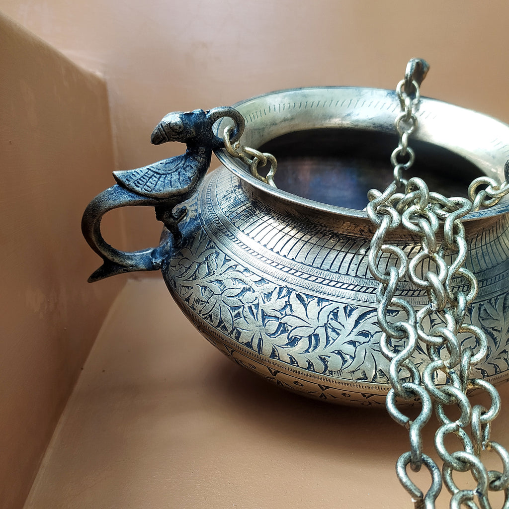 Vintage Hanging Brass Planter With 3 Peacock Handles. Length With Chain 88 cm x Diameter 17 cm