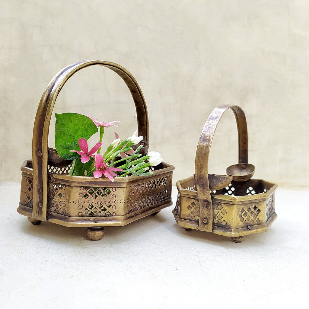 Pair Of Traditional Vintage Brass Flower Baskets, Poola Sajja, L 16 cm & 12 cm