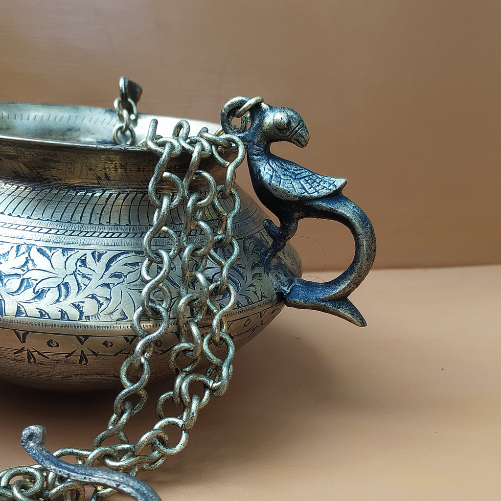 Vintage Hanging Brass Planter With 3 Peacock Handles. Length With Chain 88 cm x Diameter 17 cm