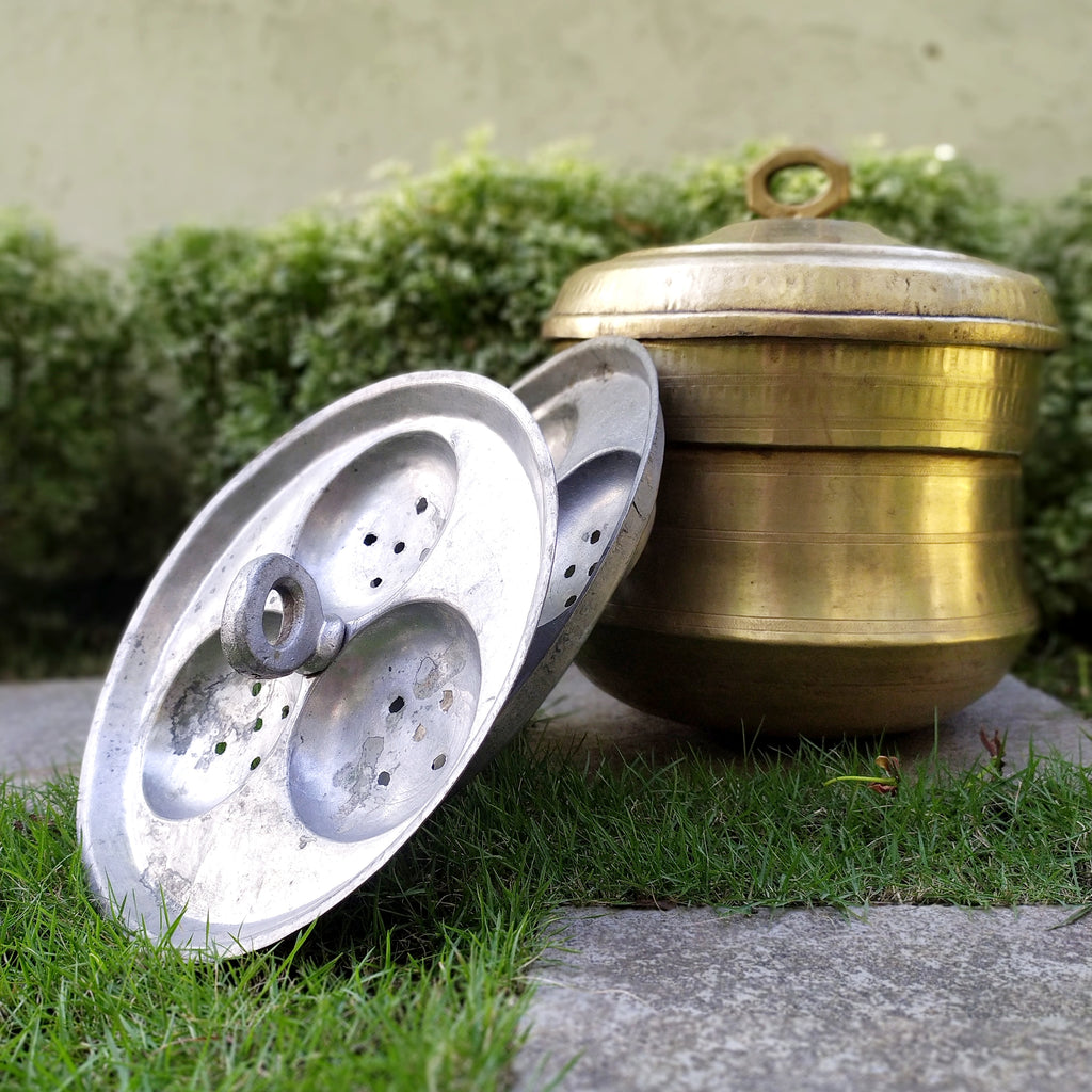 Vintage Idli Steamer | Patra Handcrafted In Brass With 2 Inserts, Height 30 cm x Diameter 25 cm