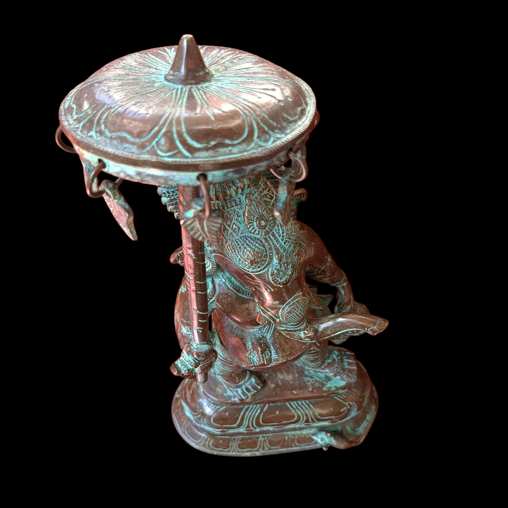 Traditional Ganesha Statue Standing Under Umbrella Holding Modaka & Water Vessel. Height 40 cm