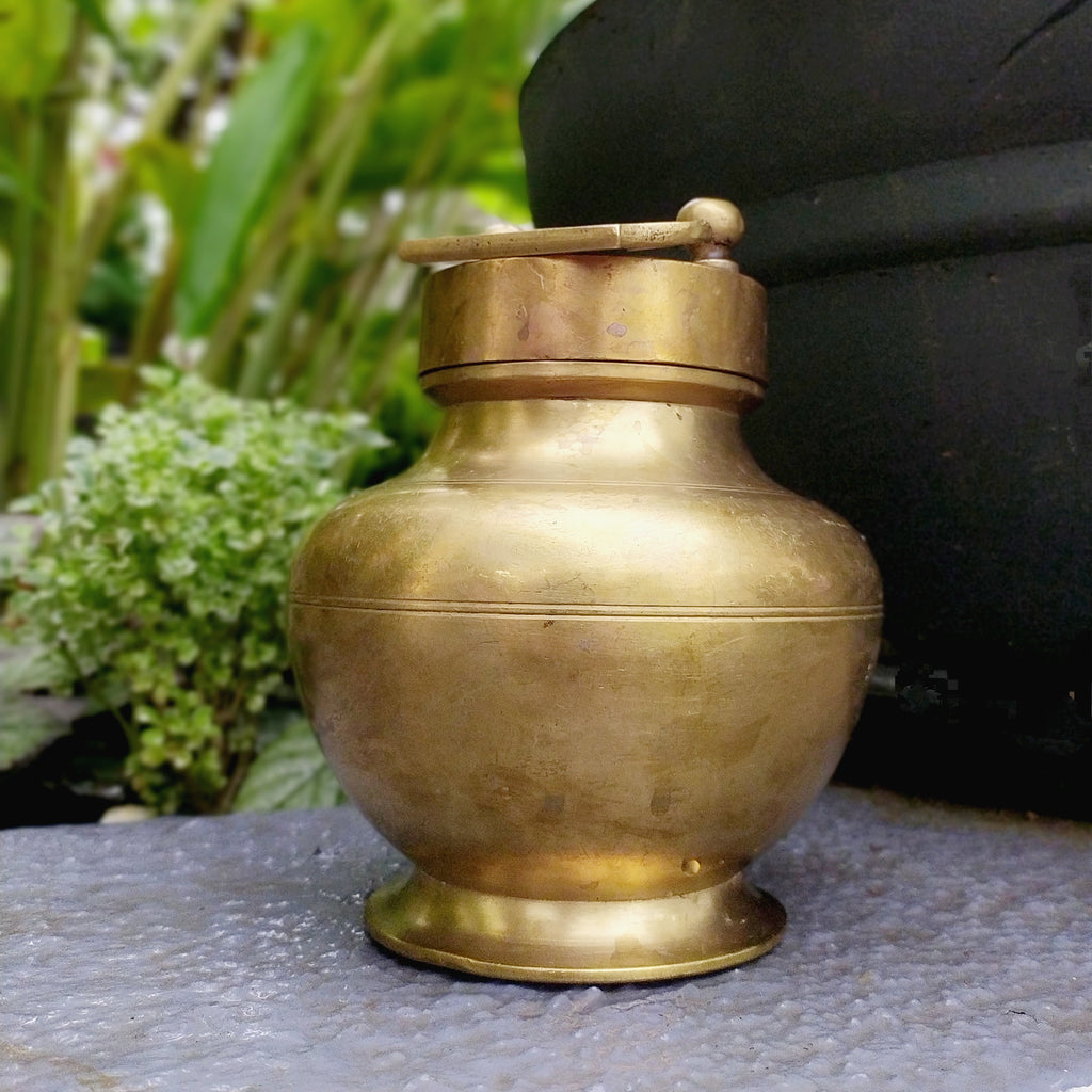 Vintage Brass Gangajal Vessel for Holy Ganges Water From The Himalayas. Height 15 cm