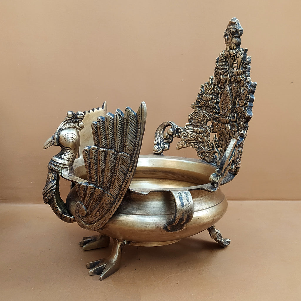Majestic Brass Peacock Urli For Floating Flowers & Diyas - Height 29 cm x Length 23 cm x Diameter 20 cm