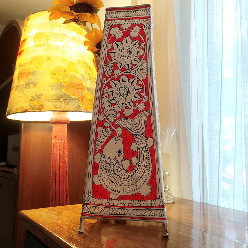 Kalamkari Craft Leather Lampshade With Mythological Fish Figures In Red & White Theme. Height 44 cm