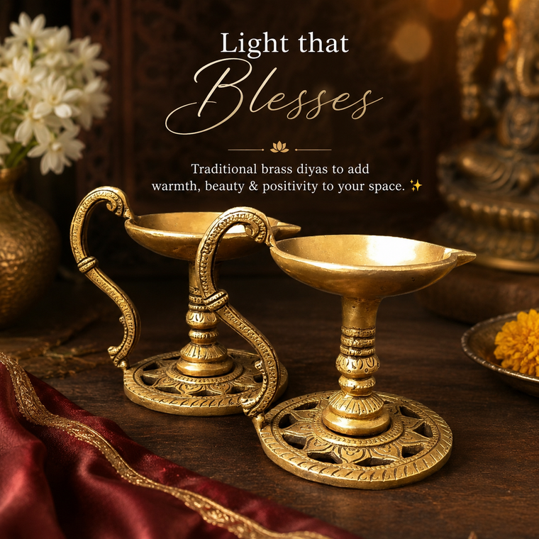 Pair Of Handcrafted Brass Lamps | Diyas  - Length 13.5 cm x Diameter 8.5 cm x Height 10 cm