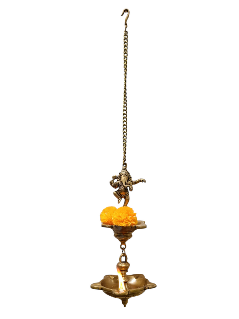 Vintage Brass 2 Tier Ganesh Lamp With 9 Diyas- Length 77 cm