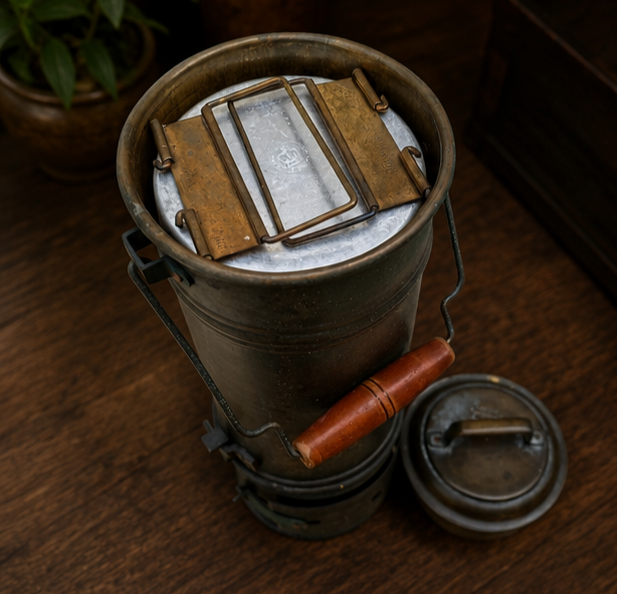 Vintage Coal-Heated Brass Tiffin with Four Food Containers | Mid-Century Indian Kitchenware. Height 49 cm