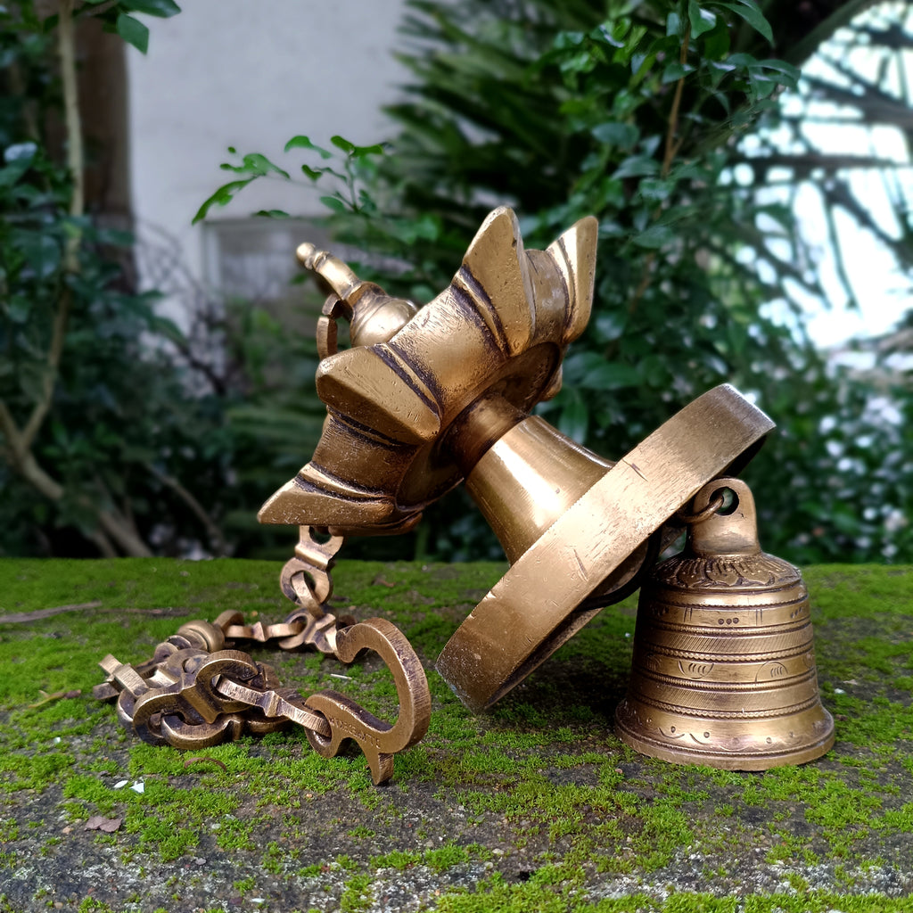 Vintage Brass Lamp With Bell - "Thooku Vilakku" From South India. Length 78 cm x Diameter 13 cm