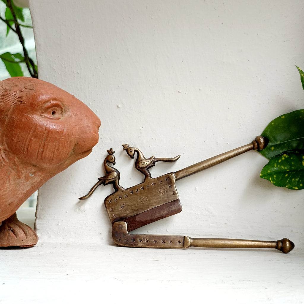 Vintage Brass Nut Cutter With Peacocks. Length 16 cm x Height 8 cm