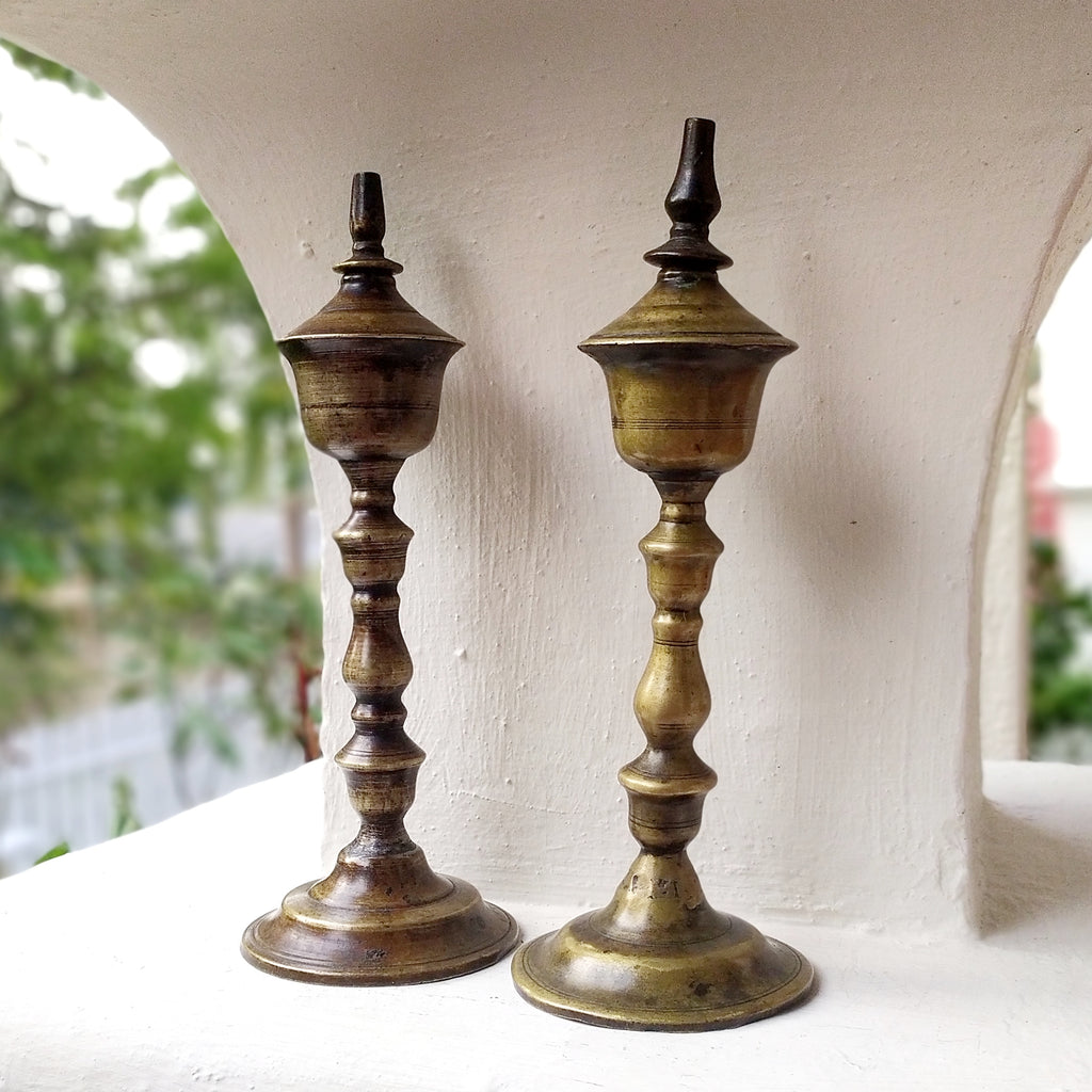 Vintage Pair Of Brass Oil & Wick Lamps. Height 24 cm x Diameter 9 cm