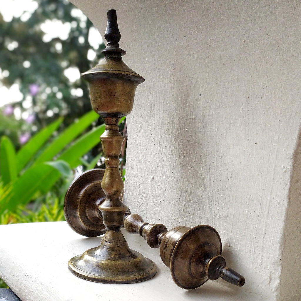 Vintage Pair Of Brass Oil & Wick Lamps. Height 24 cm x Diameter 9 cm