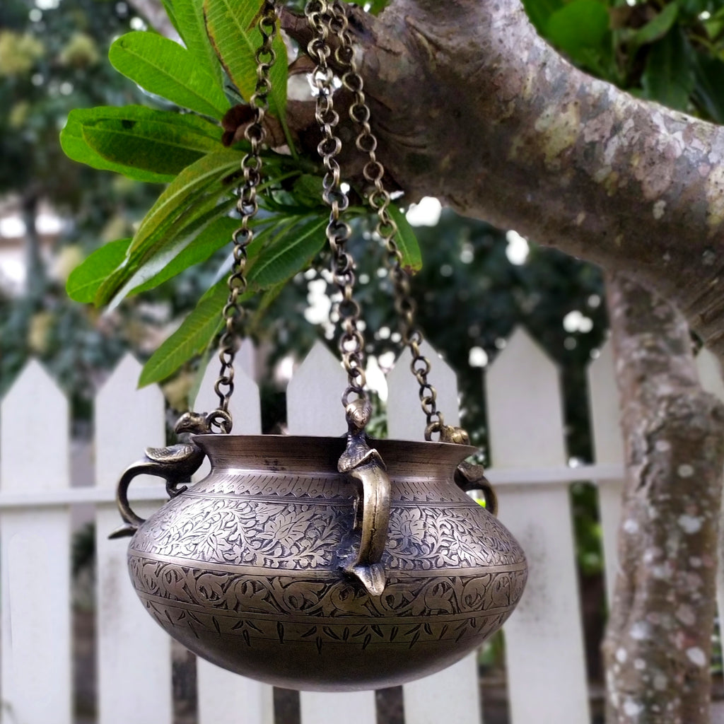 Vintage Hanging Brass Planter With 3 Peacock Handles & Chains. Length With Chain 67 cm x Dia 18 cm