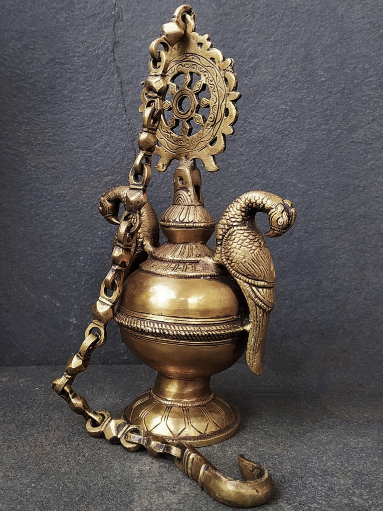 Elegant Brass Hanging Lamp With Exquisitely Handcrafted Parrots. Length with Chain 86 cm x W 19 cm x D 16 cm