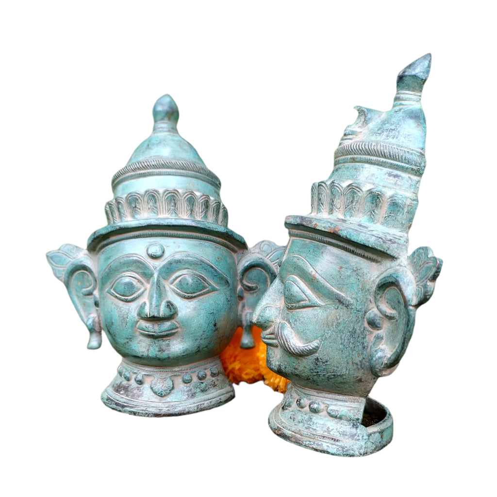 Brass Mukhlingam of Hindu Gods Shiva & Parvati In Green Patina. Height 23 cm x Width 18.5 cm
