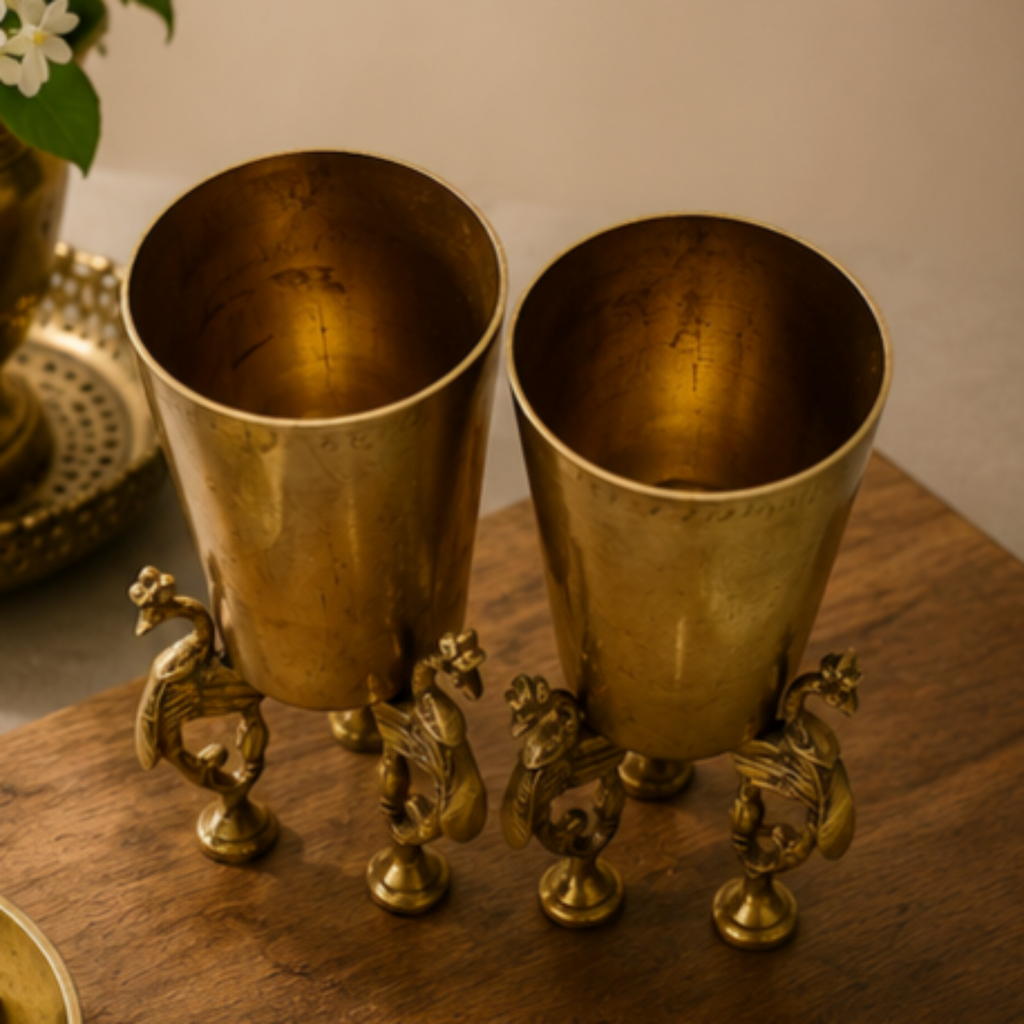 Vintage Pair of Brass Tumblers With Peacocks – A Regal Blend of Heritage & Craftsmanship