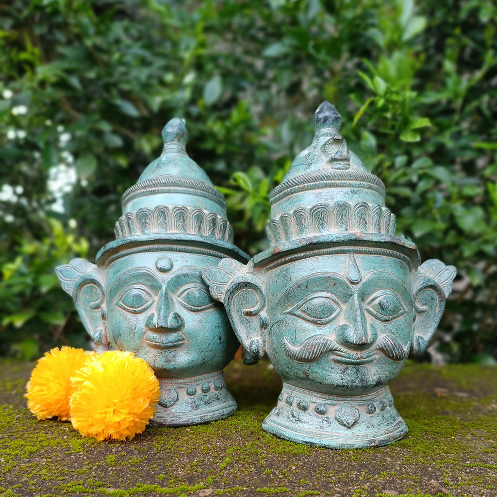 Brass Mukhlingam of Hindu Gods Shiva & Parvati In Green Patina. Height 23 cm x Width 18.5 cm
