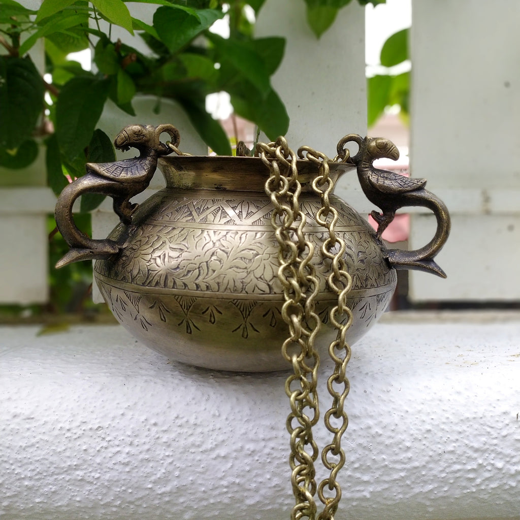 Vintage Hanging Brass Planter With 3 Peacock Handles. Length With Chain 89 cm x Diameter 16 cm