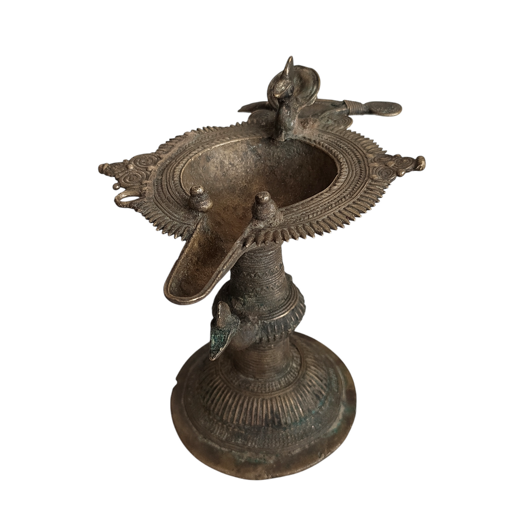 Vintage Odhisa Tribal Dhokra Brass Oil Lamp With Peacocks & Birds. L 16 cm x Ht 14 cm x Width 12 cm