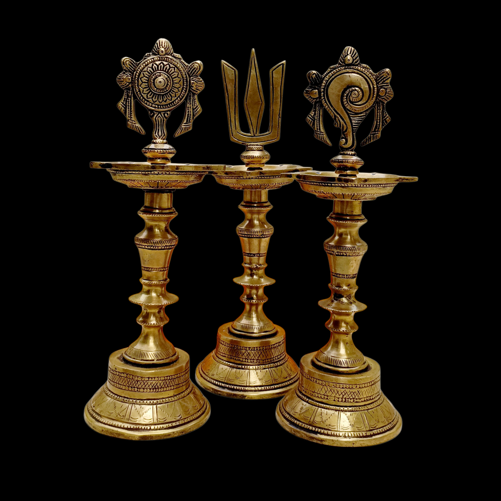 Divine Brass Samay Oil lamps With The Shanku, Chakra & Namam Symbols Of Lord Vishnu. Height 30 cm