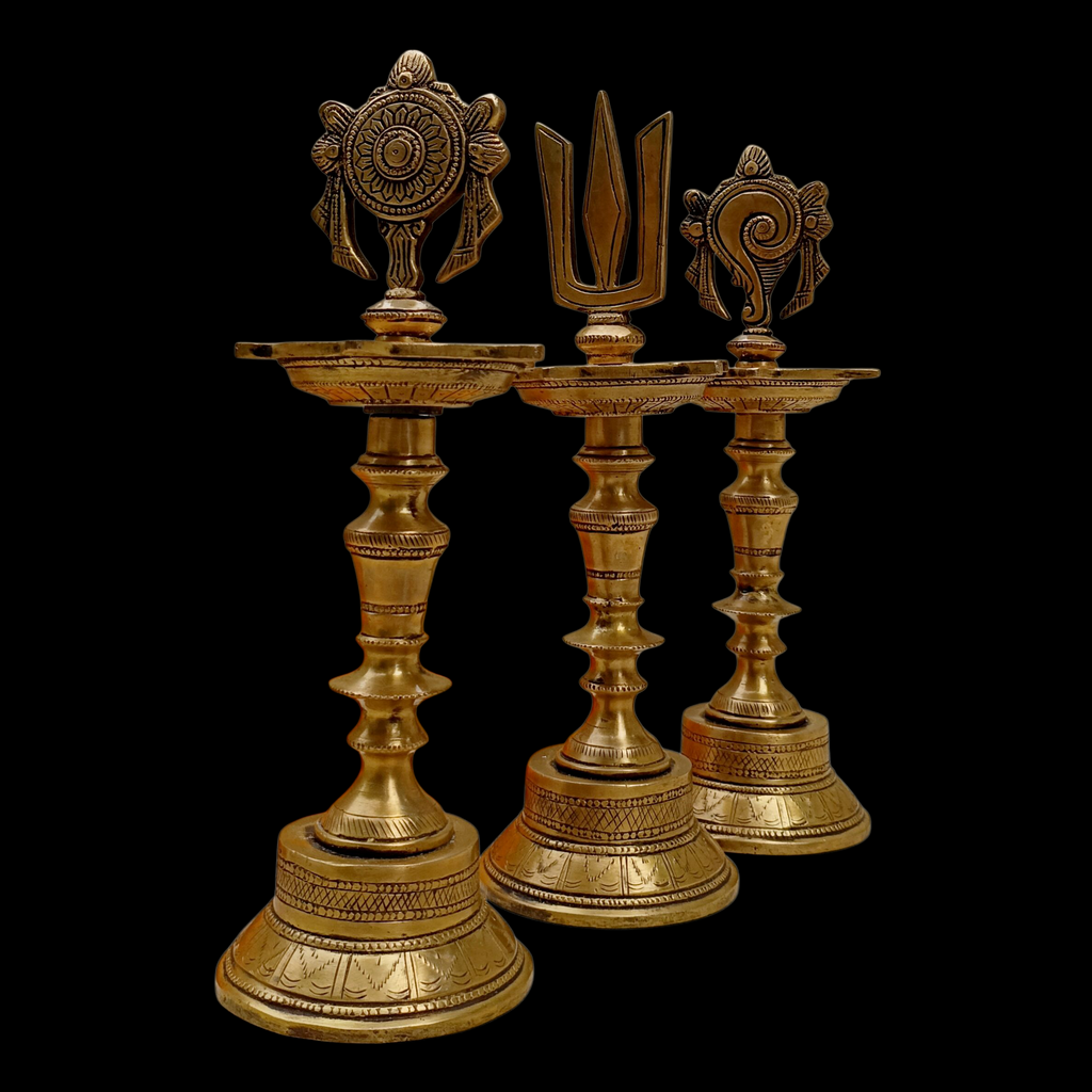 Divine Brass Samay Oil lamps With The Shanku, Chakra & Namam Symbols Of Lord Vishnu. Height 30 cm