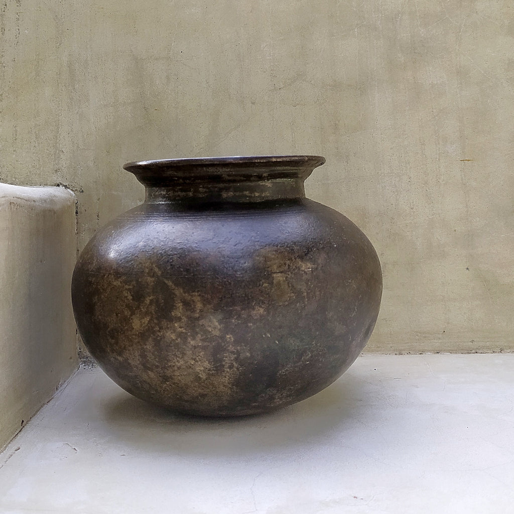 Vintage Brass Lota, Drinking Water Vessel In Dark Brown Patina. Ht 15 cm x Dia 12 cm