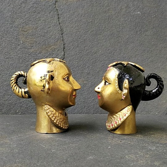 Pair of Brass Busts of Gangaur Gauri - Indian Goddess of Fertility, Love & Devotion . Height 14 & 15 cm x Width 10 cm