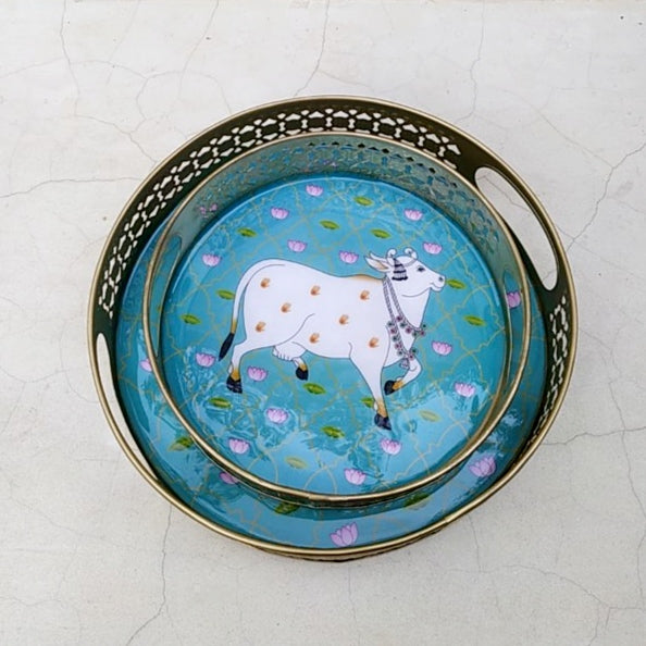 Pair Of Exquisite Round Metal Trays With Pichwai Art Of Nandi. Diameter 25 & 20 cm